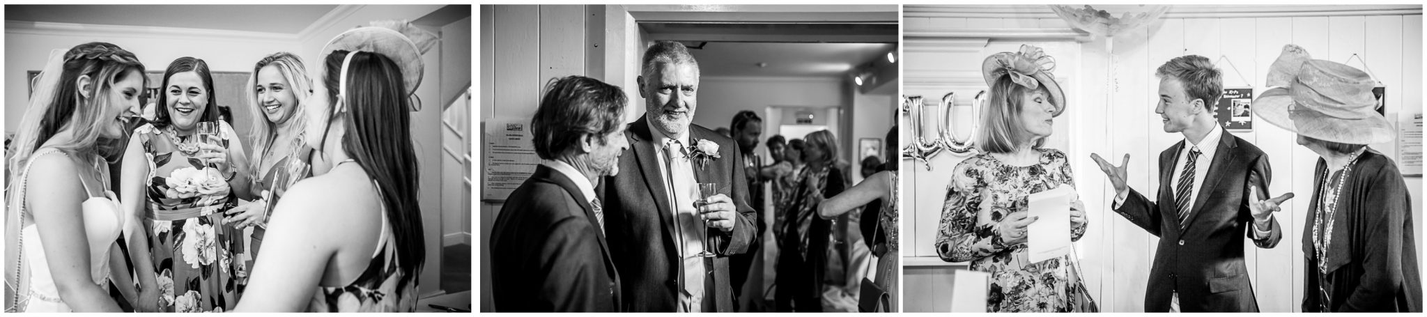 Informal photos of wedding guests at reception