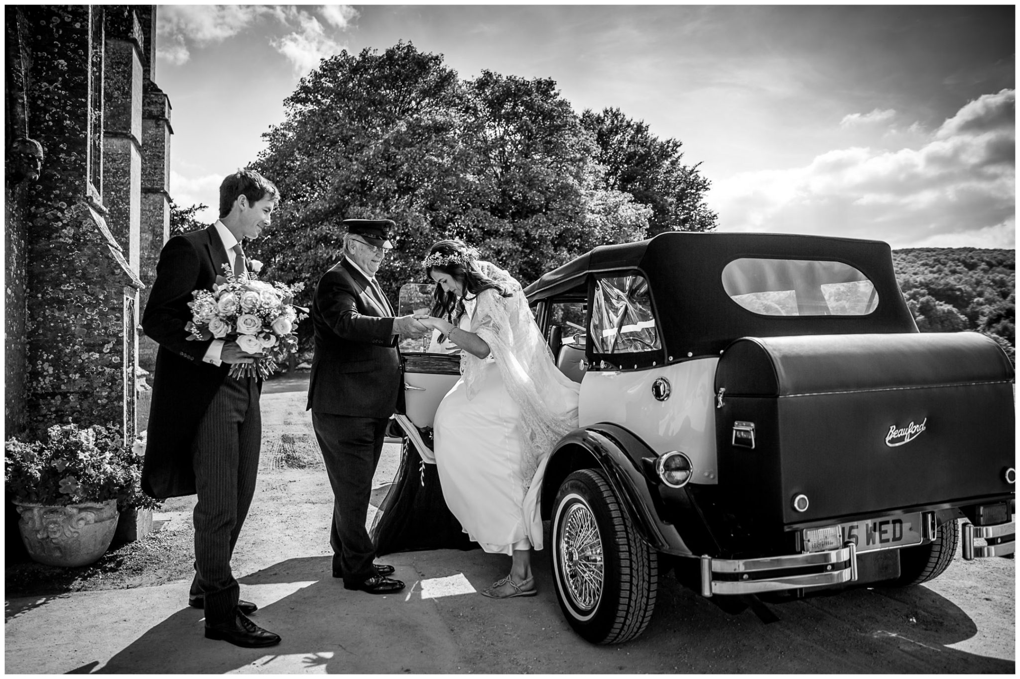 Bride and wedding car