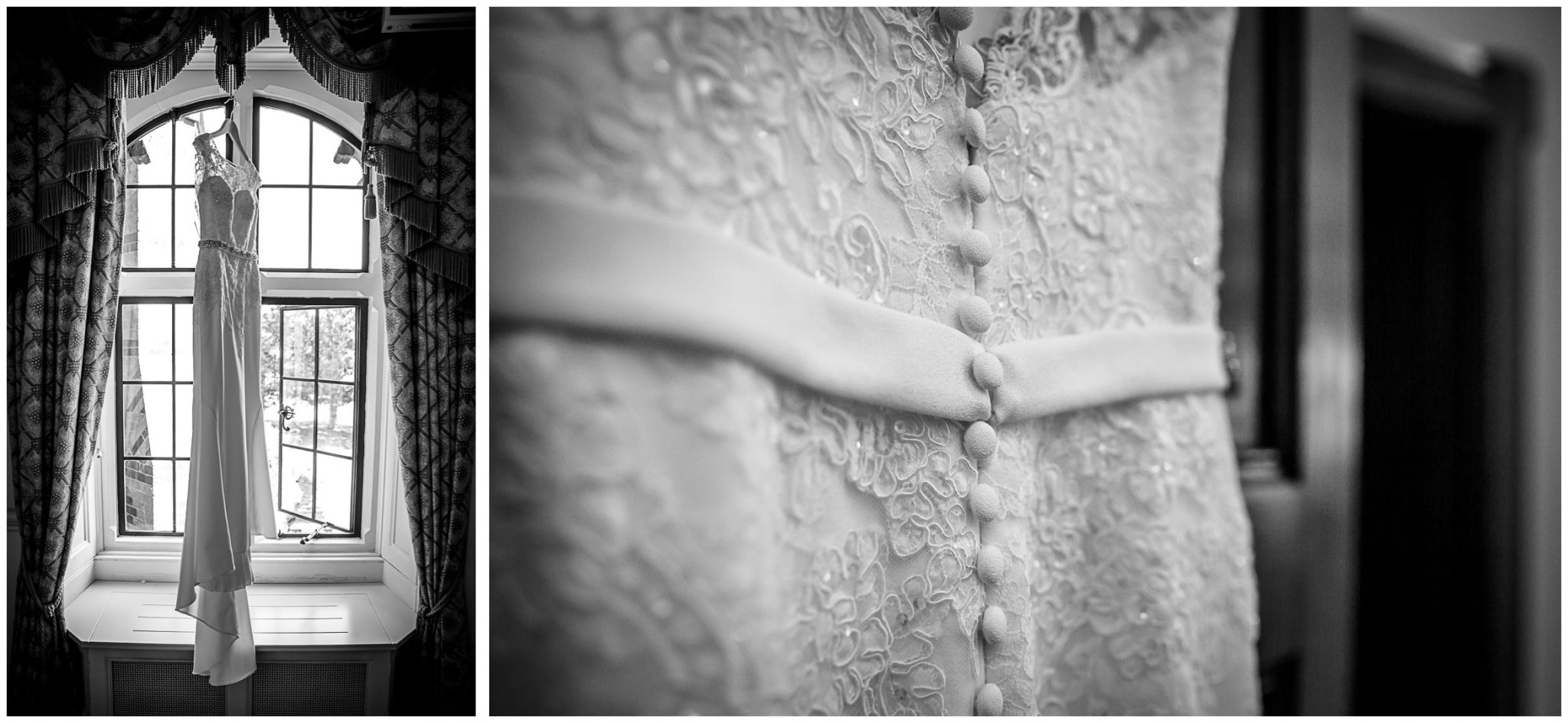 Dress hanging, framed by a window at The Elvetham Hotel