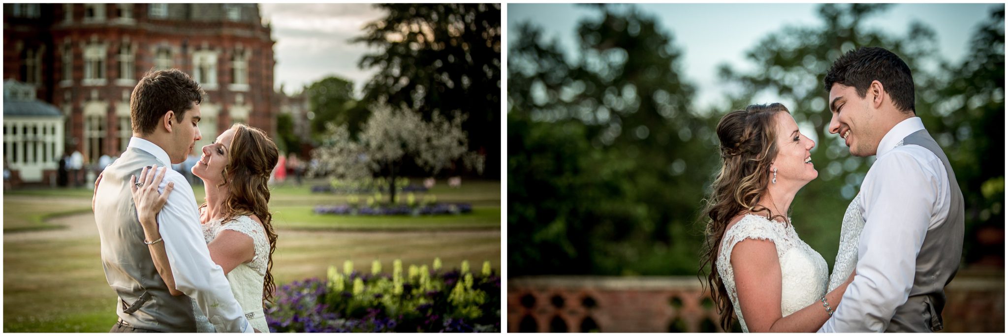 Couple portraits in the evening light in gardens of the Elvetham hotel