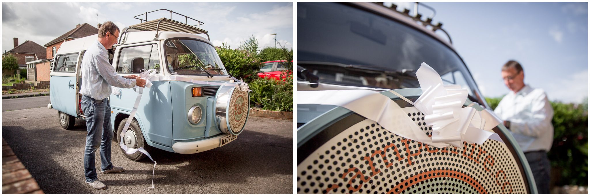 Timsbury Manor Festival Wedding ribbons on VW camper wedding car