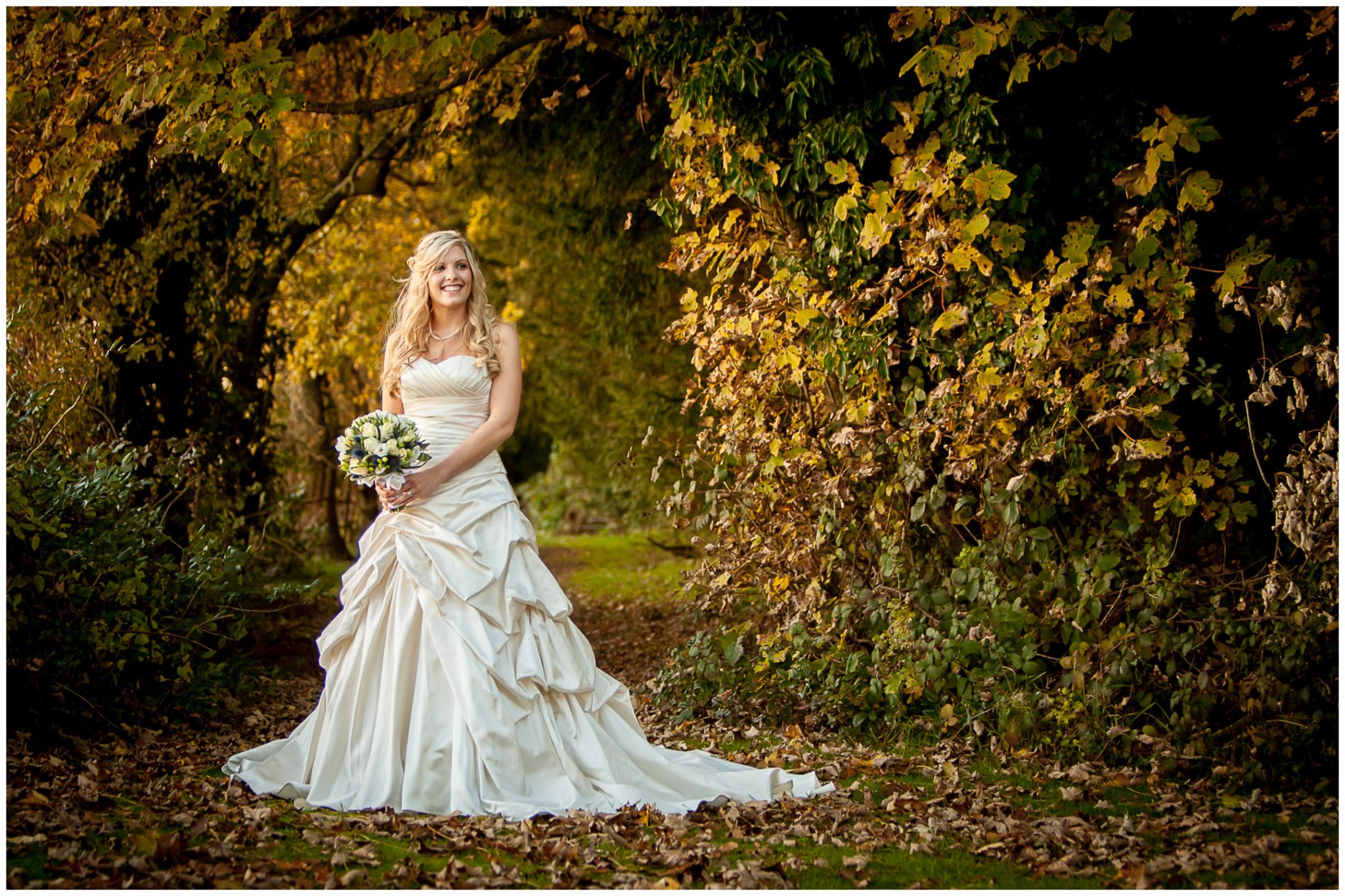 Audleys Wood wedding photography bride portrait autumn colours in grounds of hotel