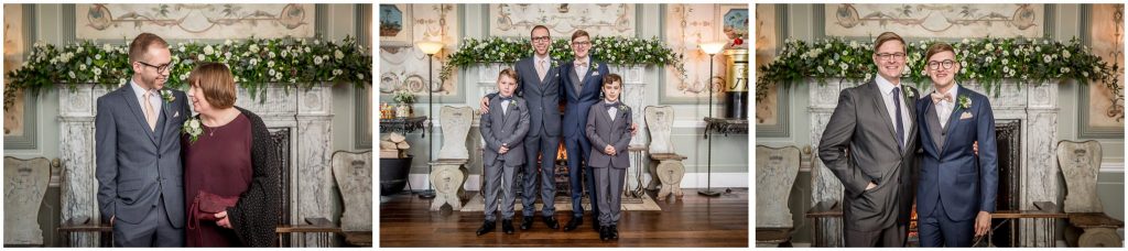 Family group photographs in front of the grand fireplace