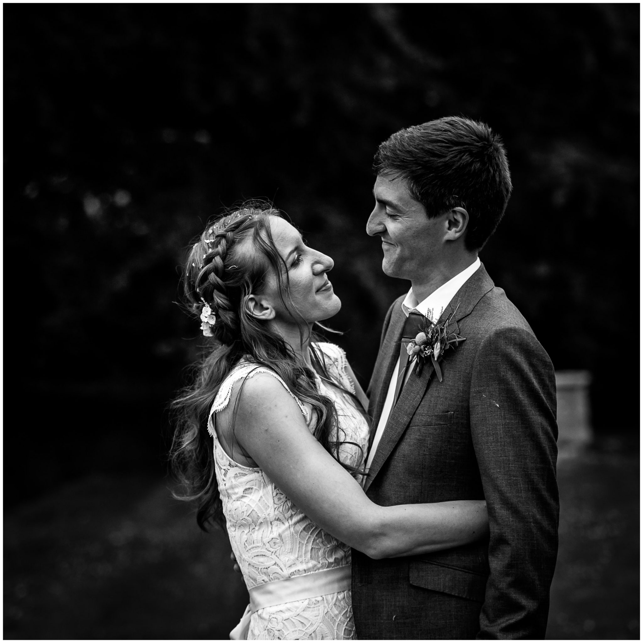 Black and white couple portrait at Bude wedding venue in Cornwall