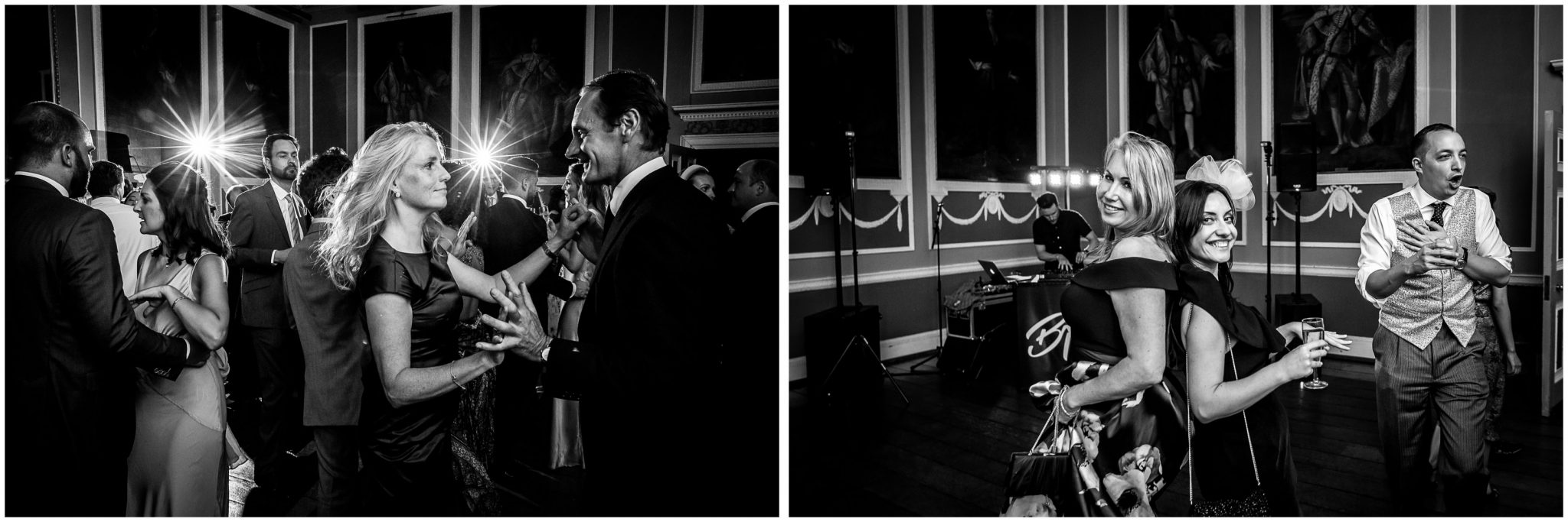 Black and white photos of guests dancing at the evening reception