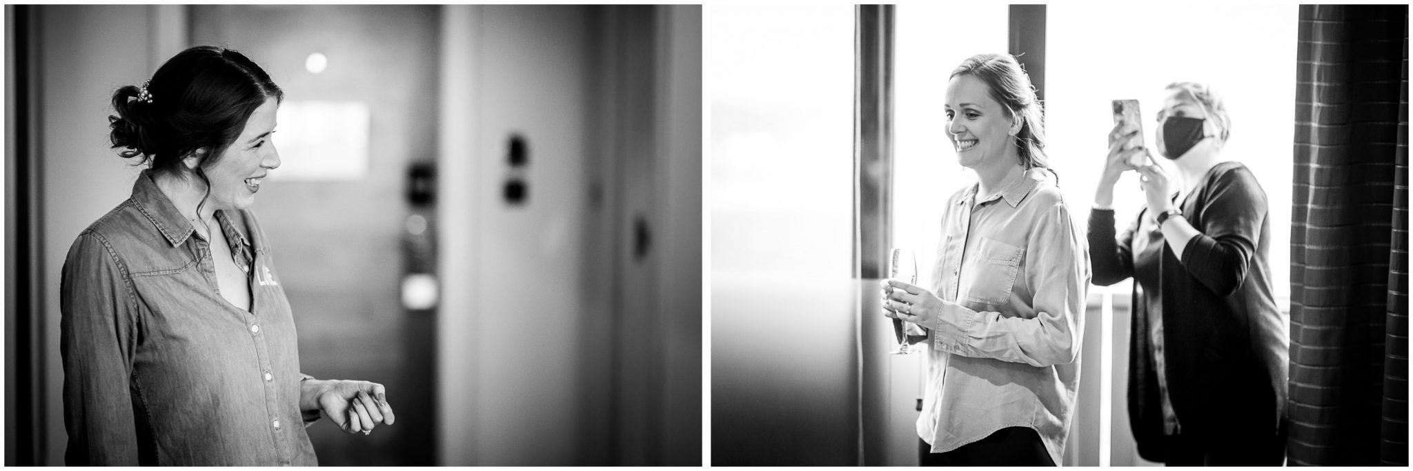 Black and white images of bride and bridesmaid getting ready in hotel room