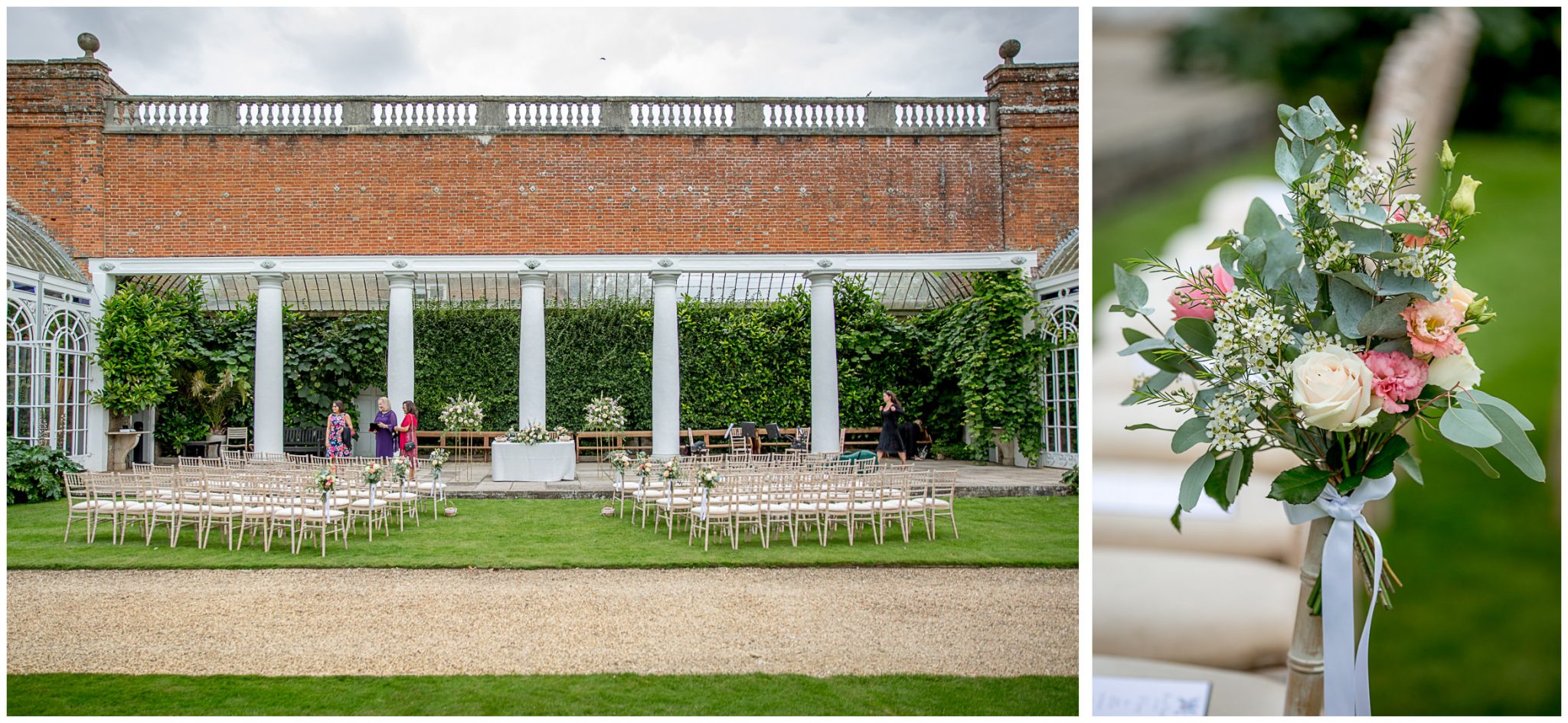 Outdoor ceremony setup between the orangeries at the rear of the venue