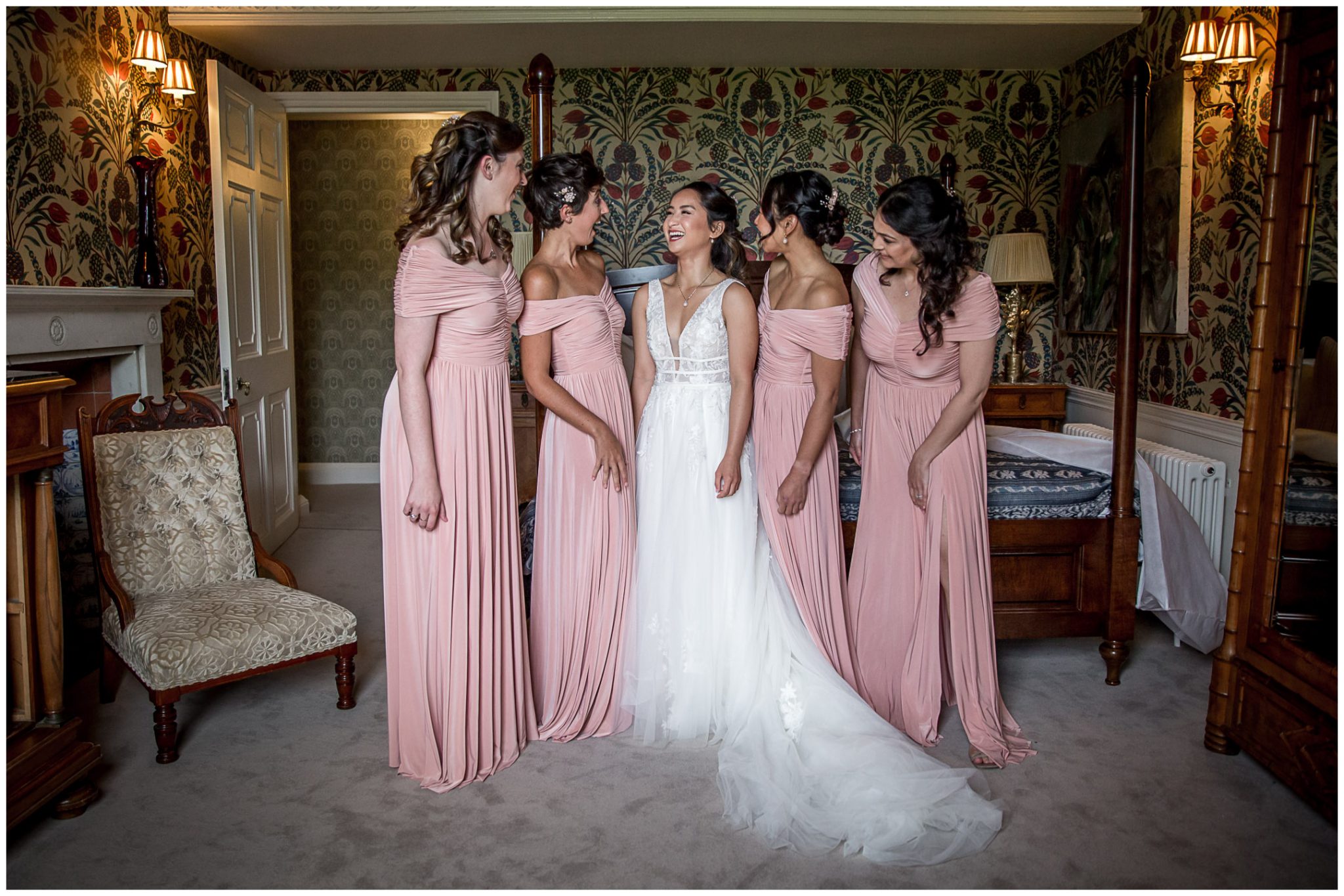 Bride and bridesmaids in dresses