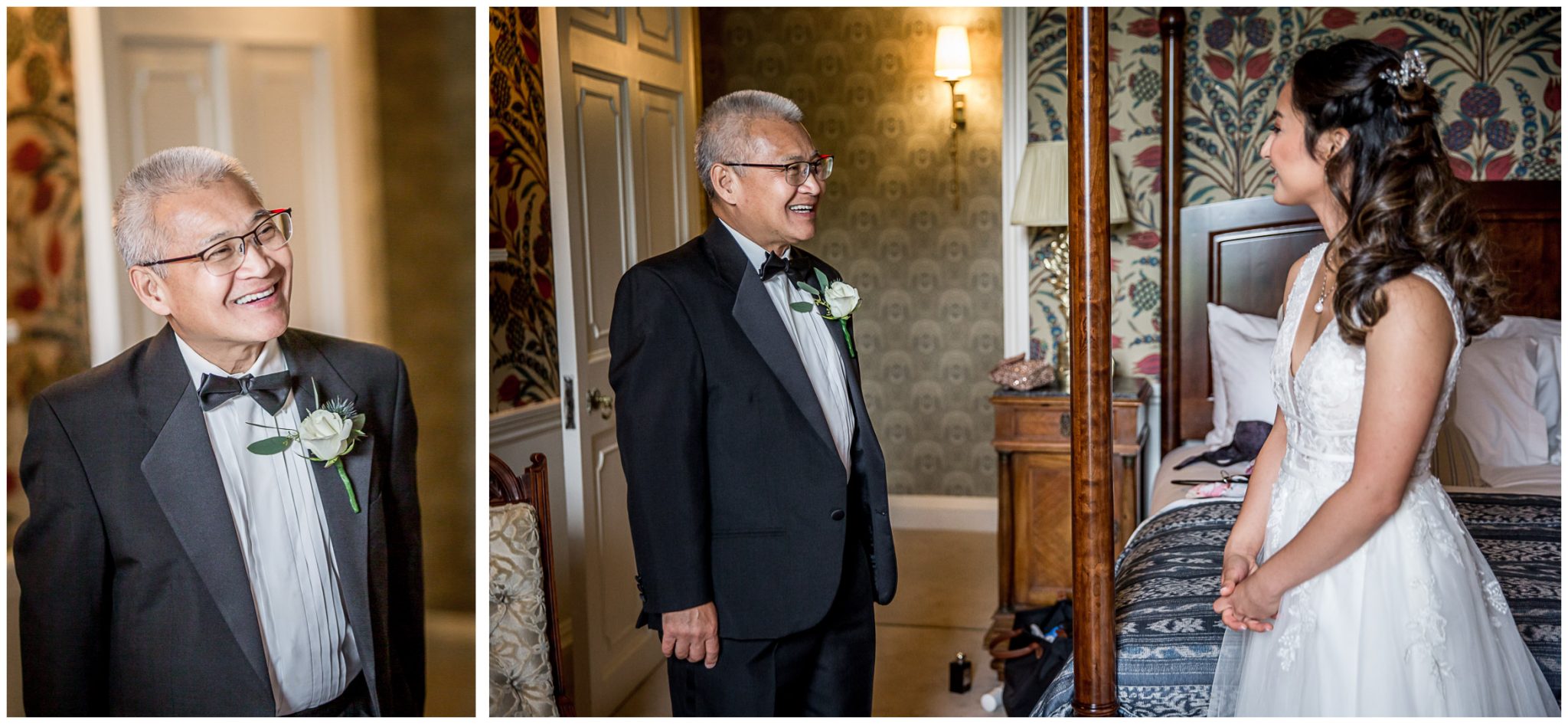 The father of the bride sees his daughter in her wedding dress for the first time