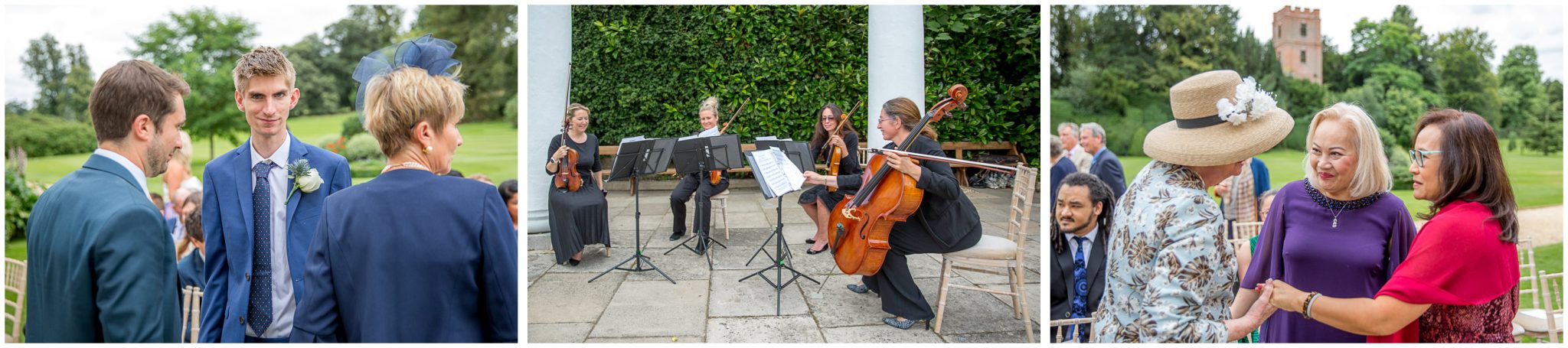 A string quartet plays outside as guests arrive for the wedding ceremony