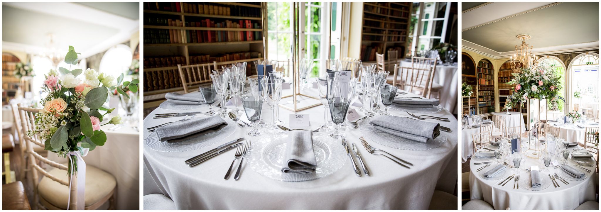 Table set-up for wedding breakfast in Library of Avington Park wedding venue