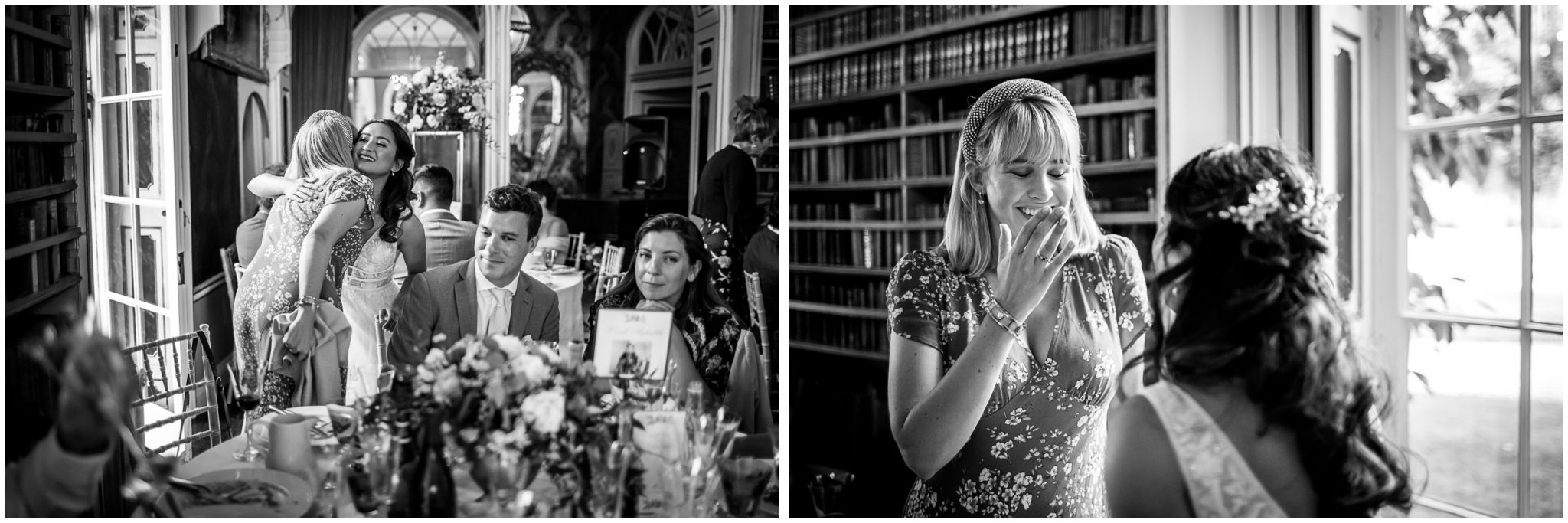 Black and white documentary photography in library of Avington Park wedding venue reception