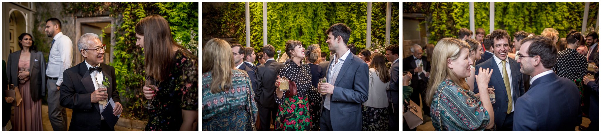 Candid photos of guests in conservatory during evening wedding reception