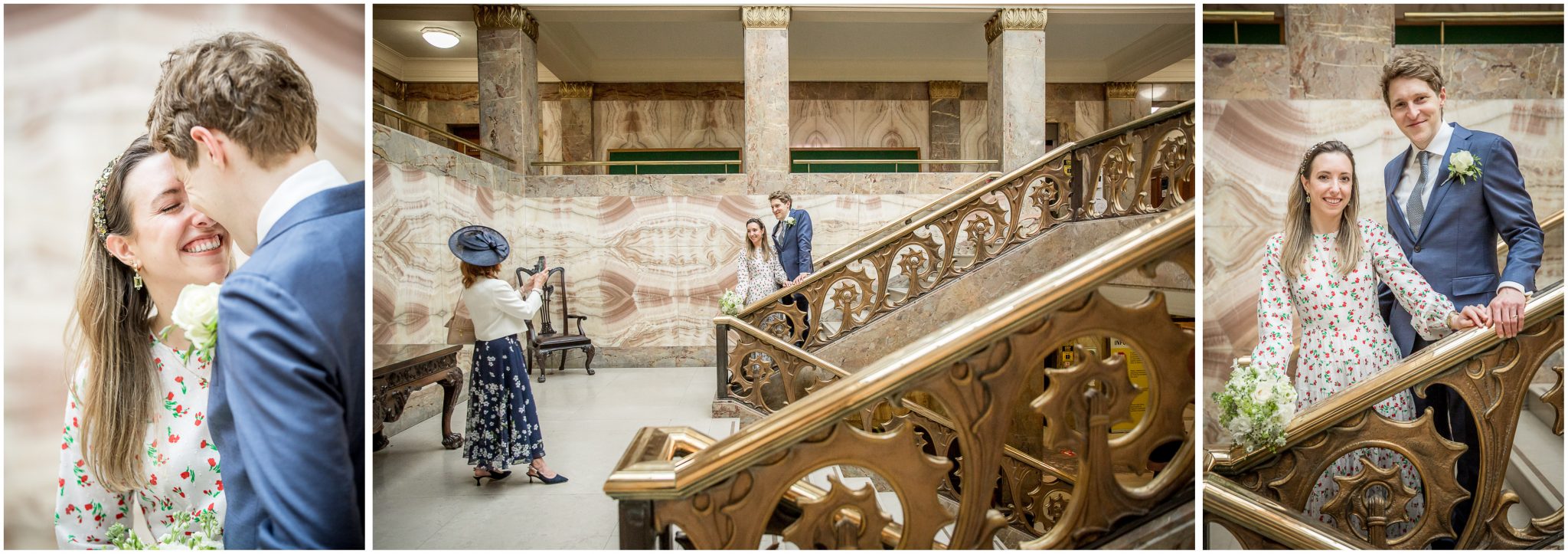 Couple photos by the elaborate staircase