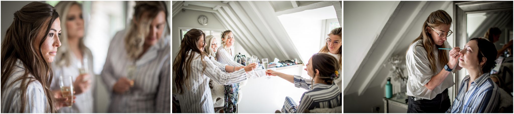 Bride and bridesmaids getting ready with champagne
