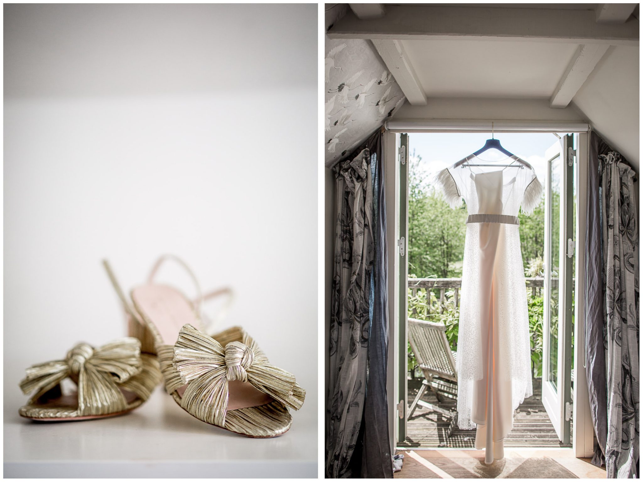 Dress hanging and wedding shoes
