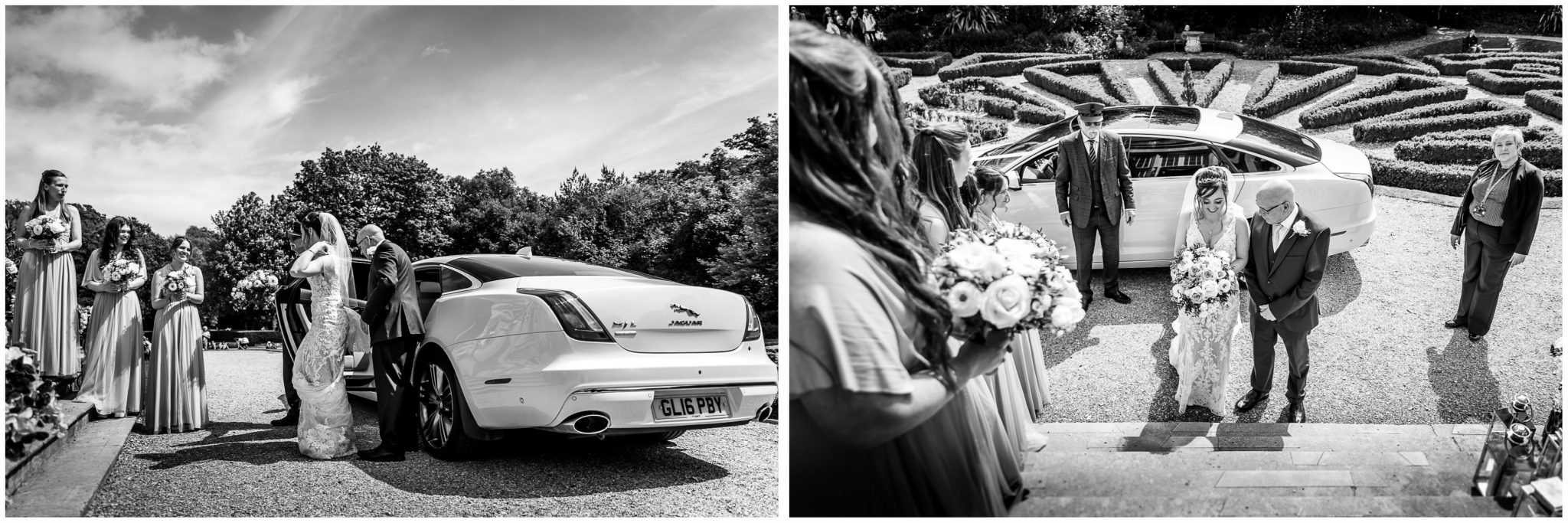 Bride steps out of the wedding car black and white documentary wedding photography