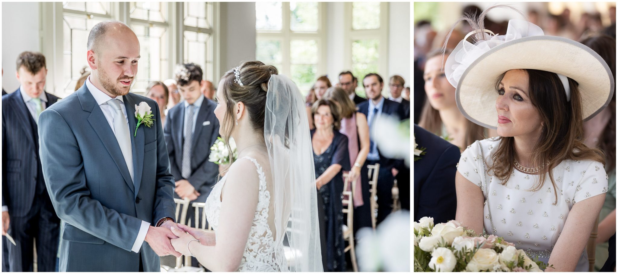 Bride and groom face each other to make their vows as bride's mother watches on