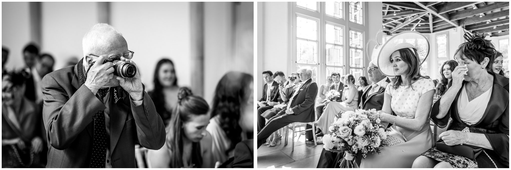 Candid black and white photographs of guests documentary Hampshire wedding photography
