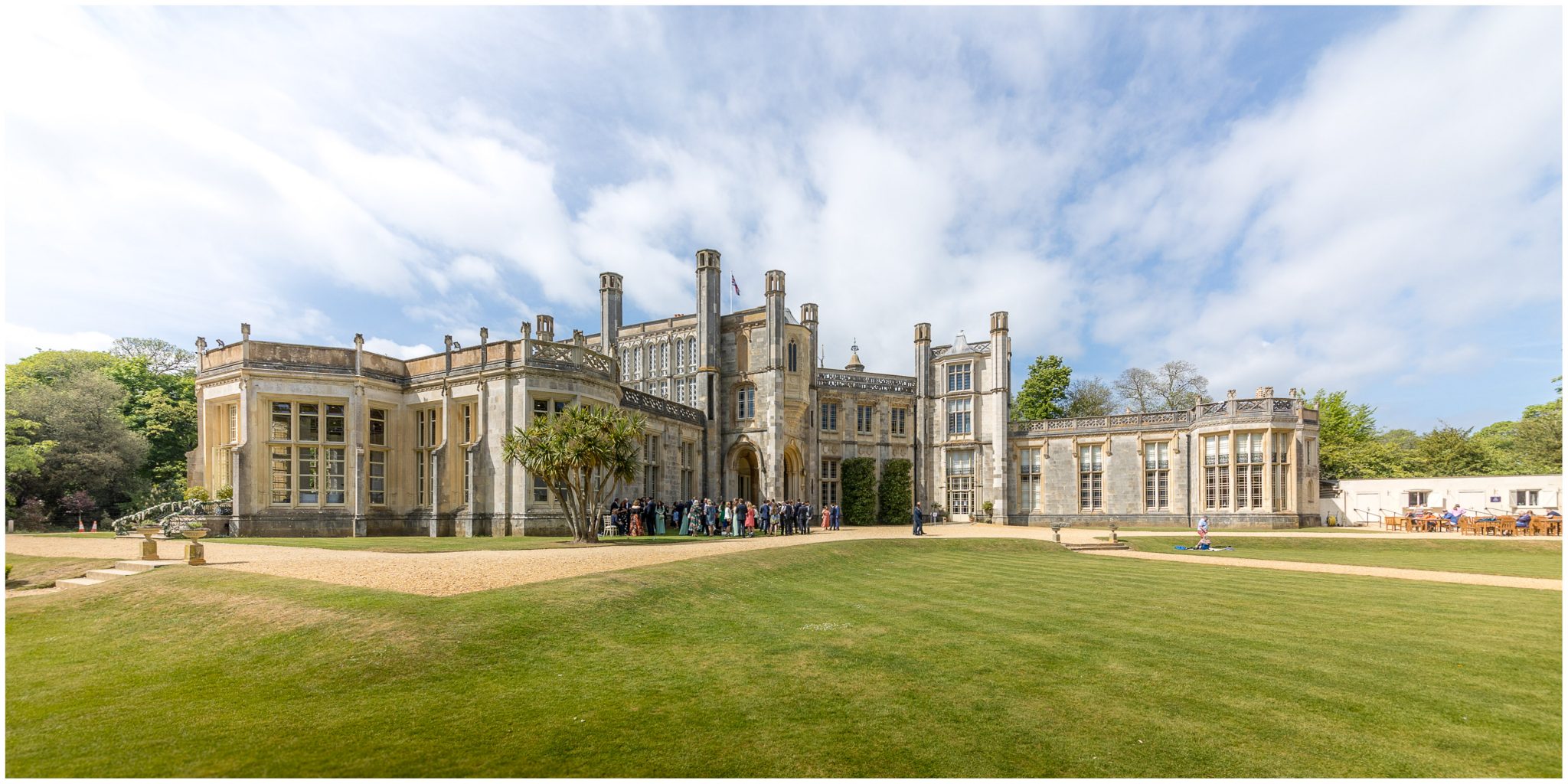 Wide angle view of Highcliffe Castle Hampshire wedding venue in the Summer