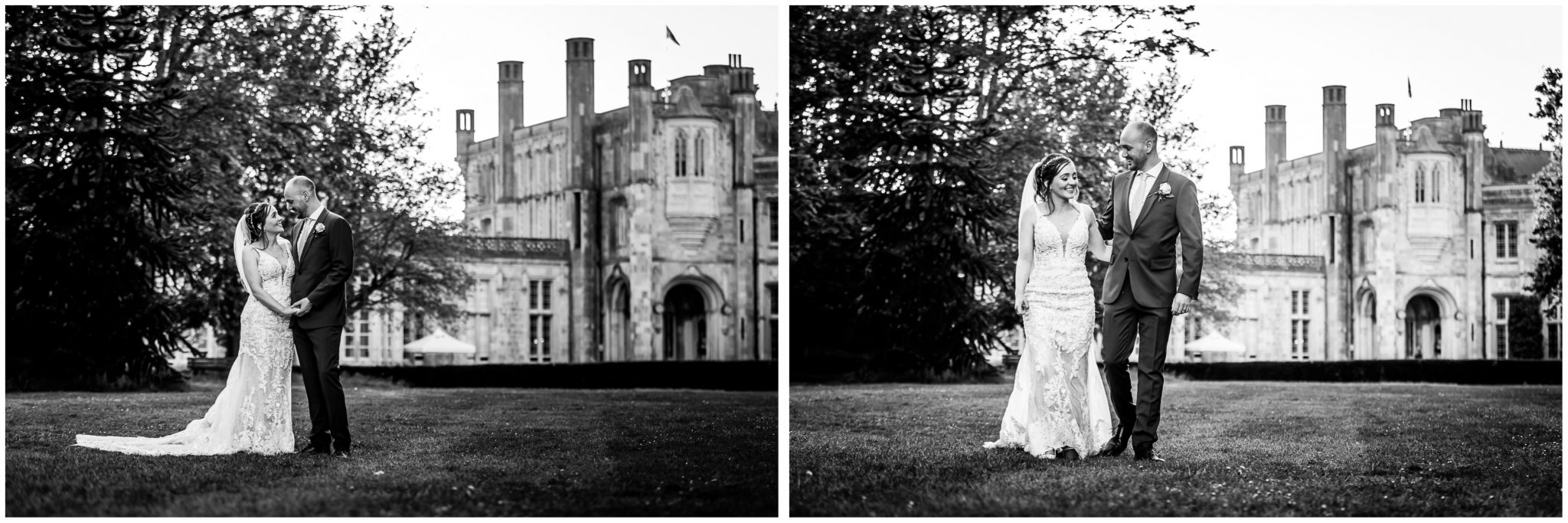 Black and white couple protraits with Highcliffe Castle wedding venue in the background