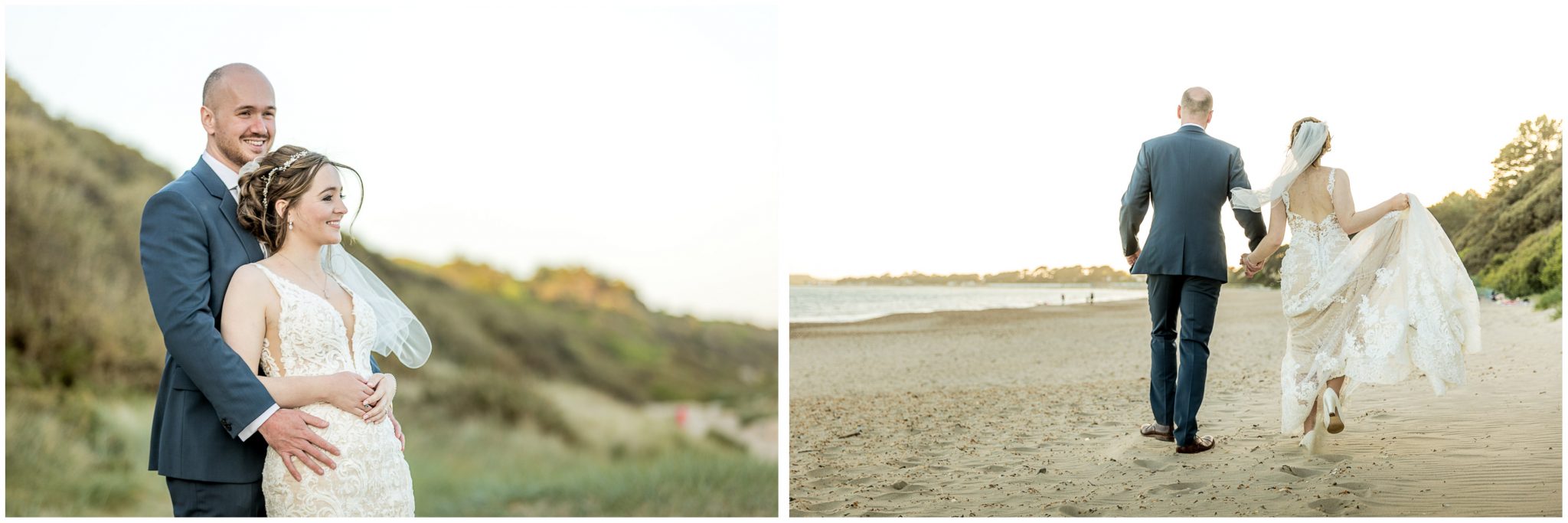 Bride and groom portraits on the beach in Hampshire near Christchurch New Forest
