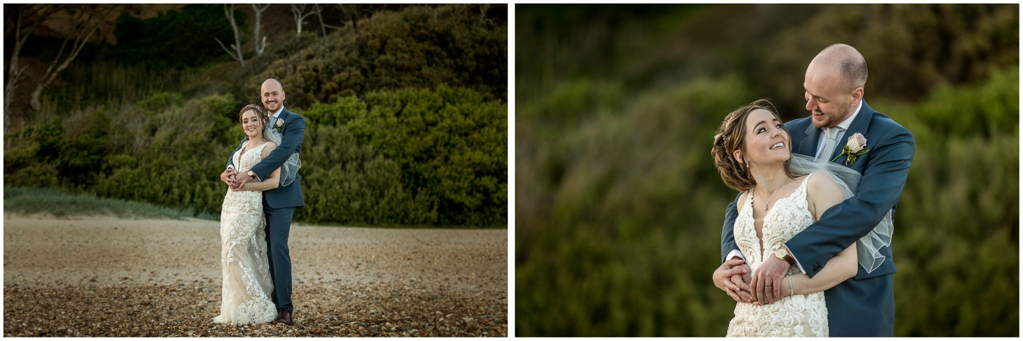 Colour portraits f bride and groom on Highcliffe Beach Hampshire New Forest