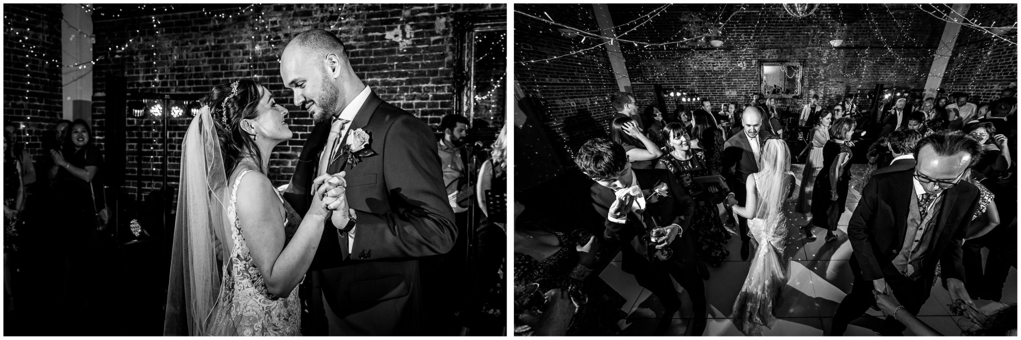 Black and white images of evening wedding celebrations at Highcliffe Castle