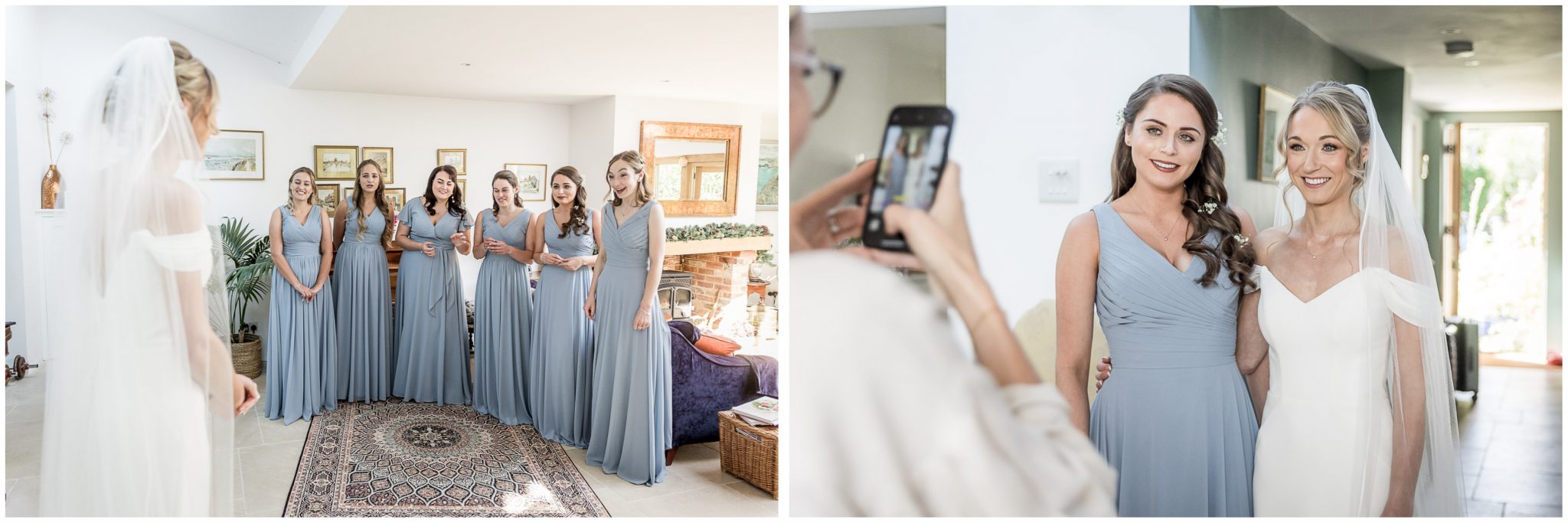 Bridesmaids react to seeing the bride in her wedding dress for the first time