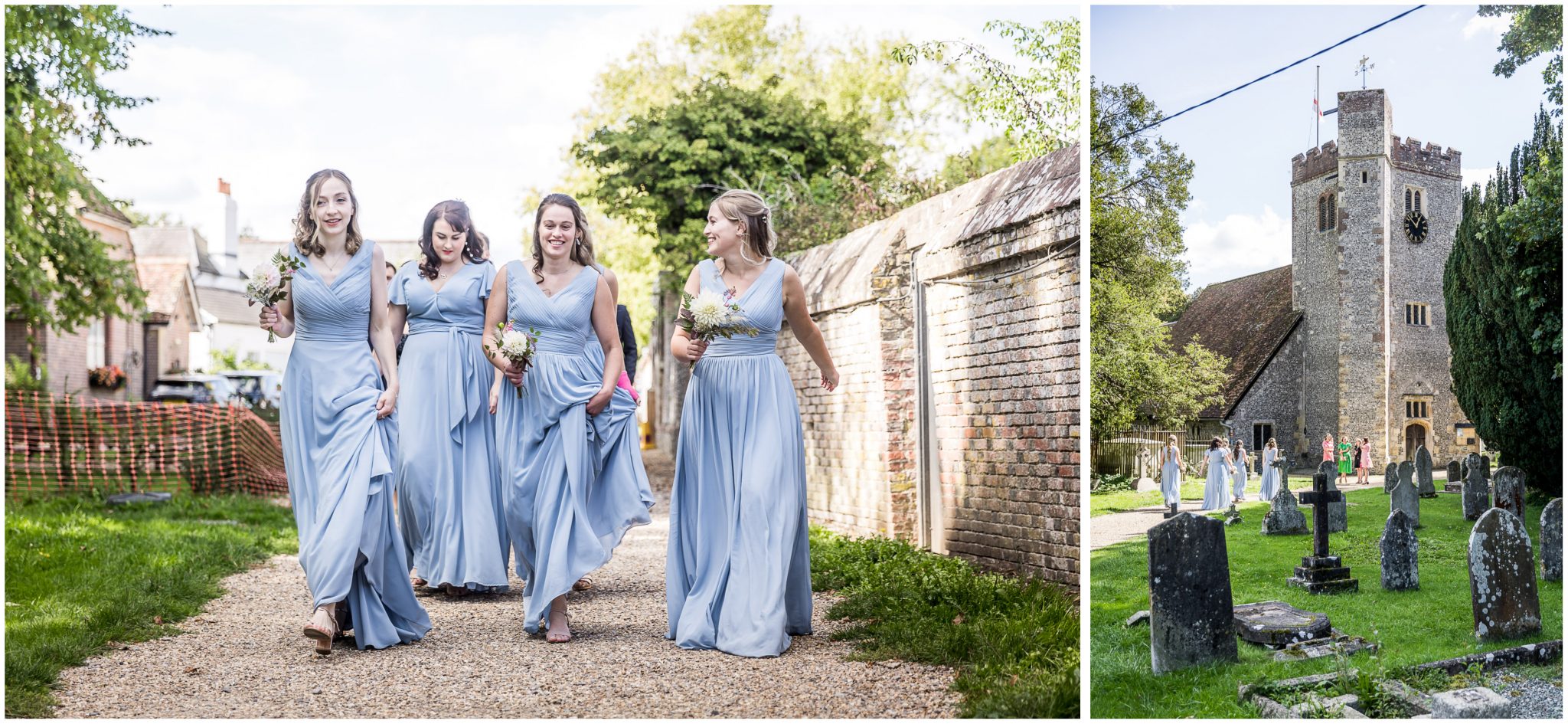 The bridesmaids arrive at Droxford church in Hampshire on a sunny Summer's day