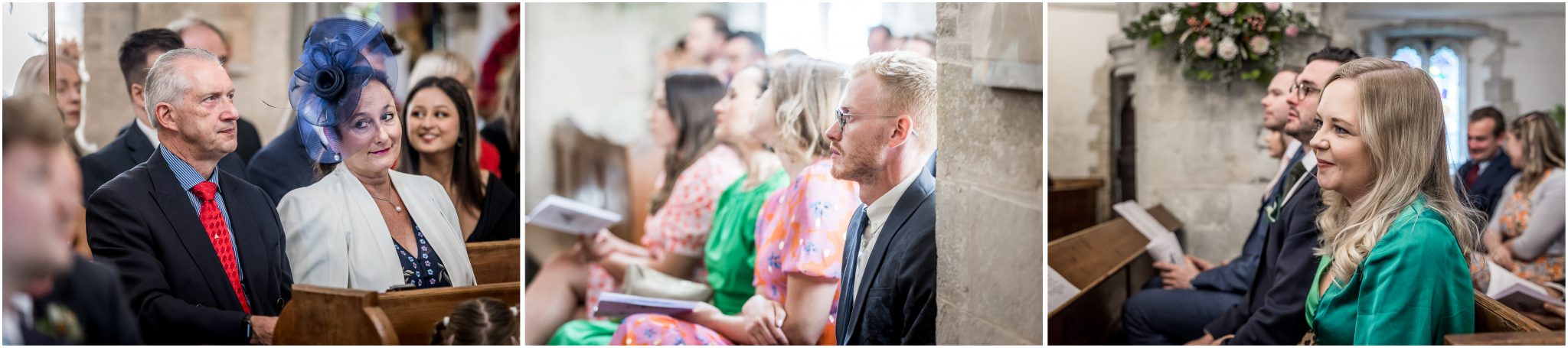 Documentary photographs of guests watching the wedding service at Droxford church