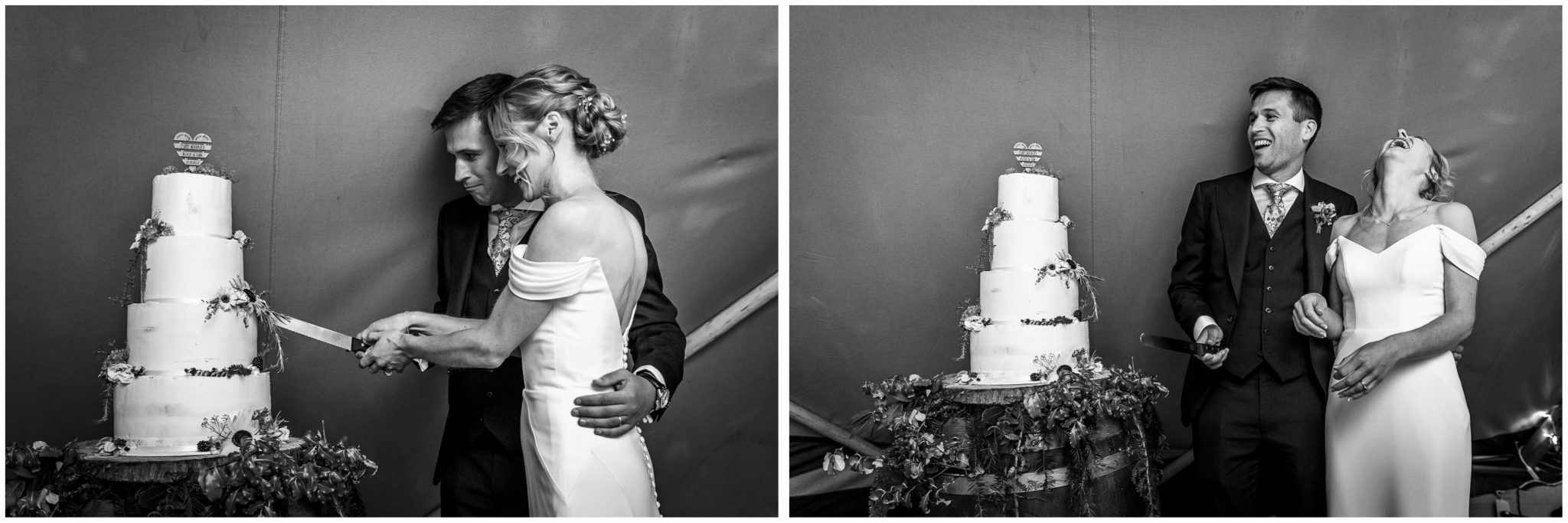 Black and whote photographs of bride and groom cutting the wedding cake