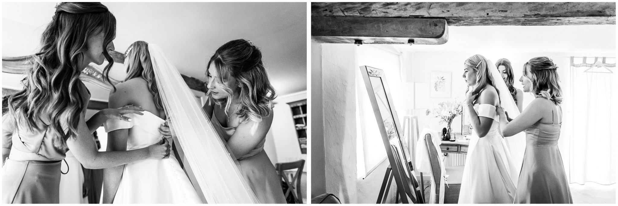 Black and white candid photographs of bridesmaids helping bride to get dressed in Avon Suite at Dorset wedding venue