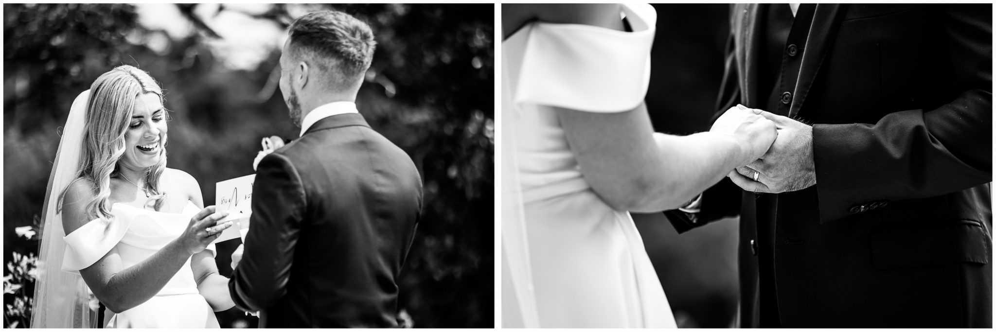 Black and white image of couple holding hands as the bride reads out her viws