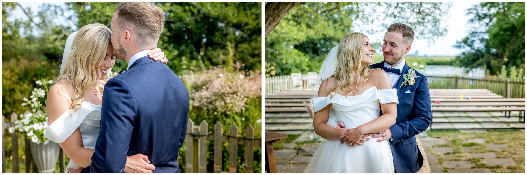 Bride and groom colour portraits by the river next to the outdoor ceremony area