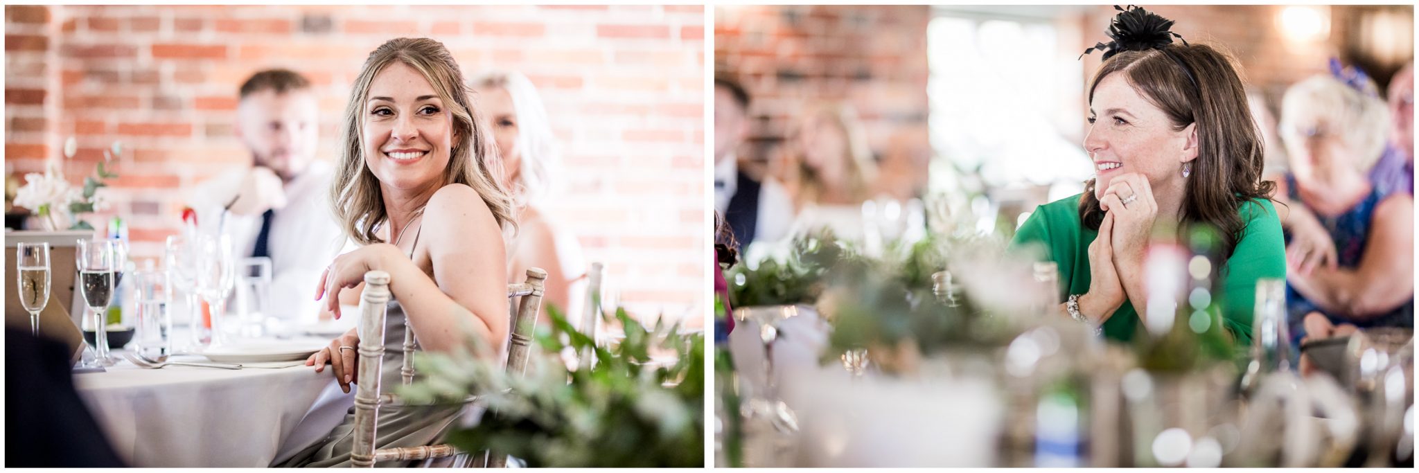 Candid photos of wedding guests during the speeches
