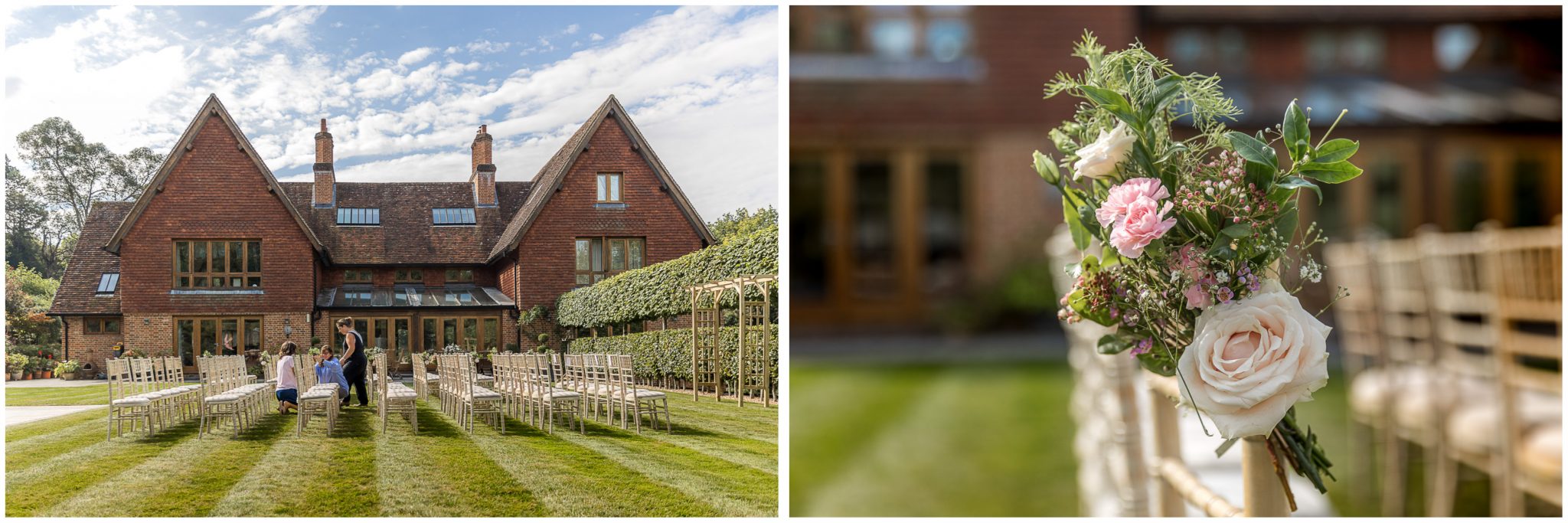 Exterior details of garden seating for ceremony and flowers on chairs