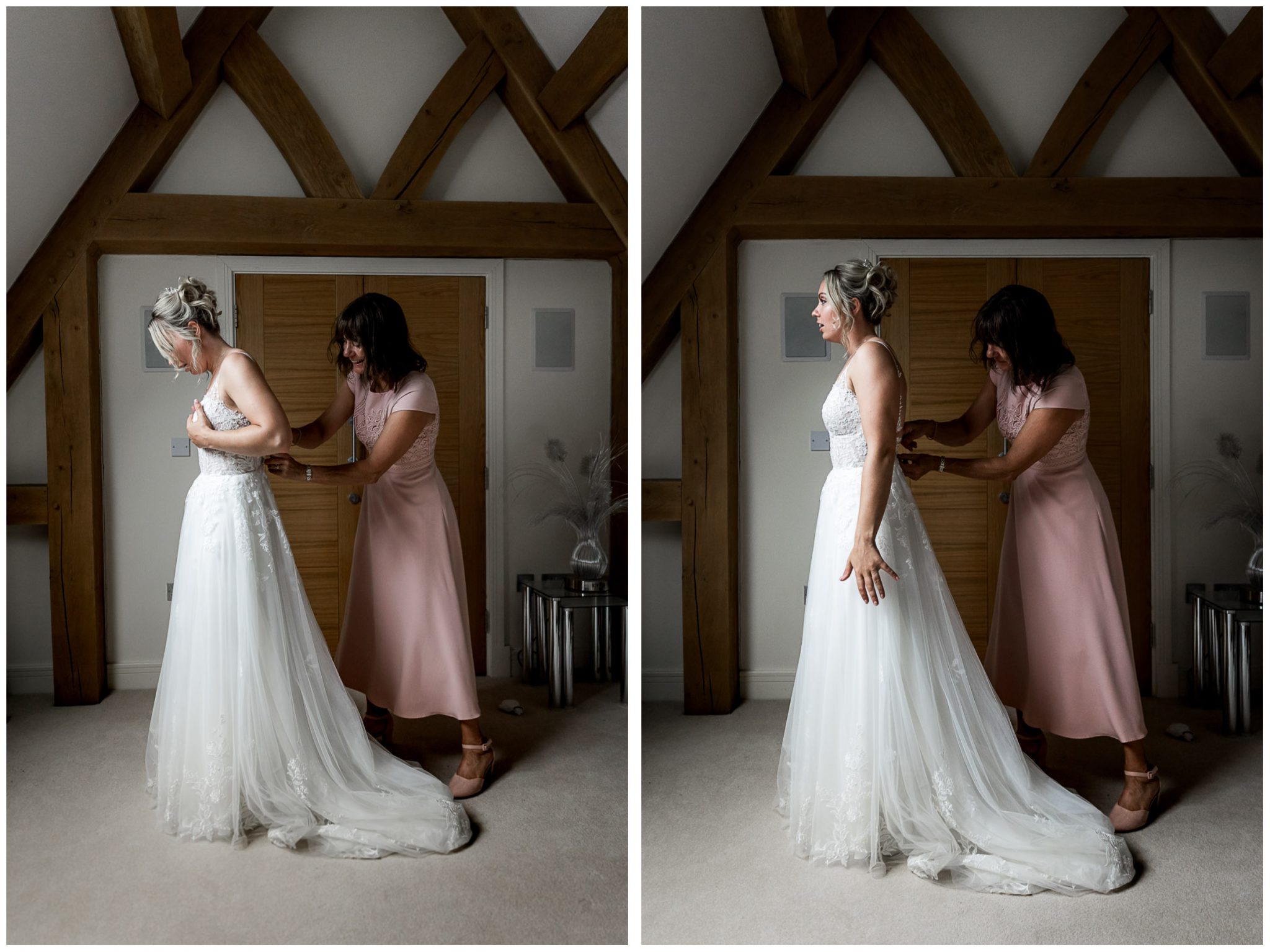 The bride's mother helps the bride into her wedding dress