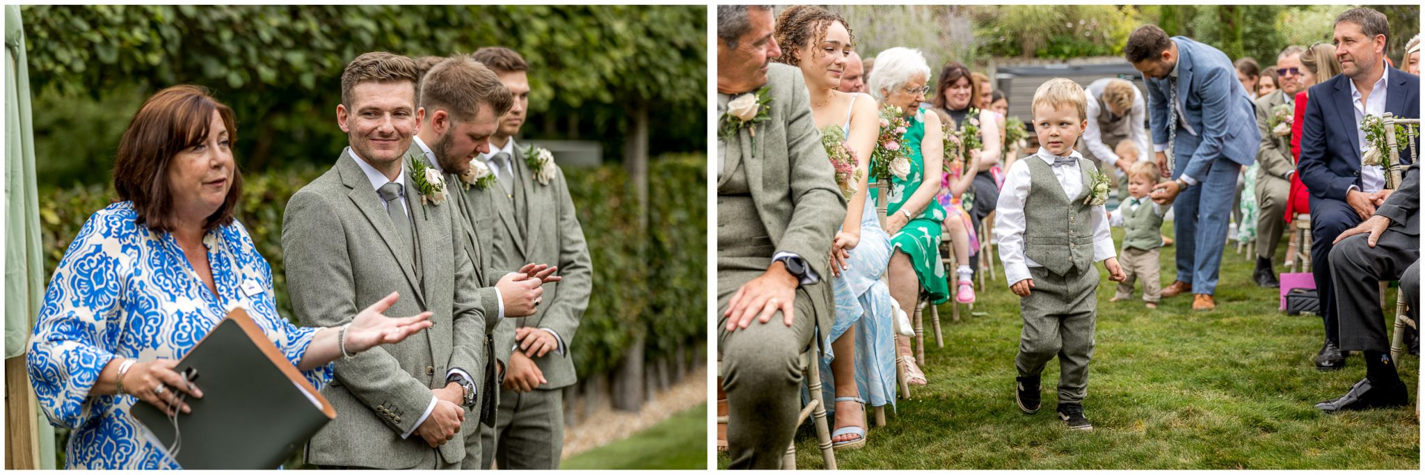 The celebrant welcomes guests to the wedding as the page boy walks down the aisle