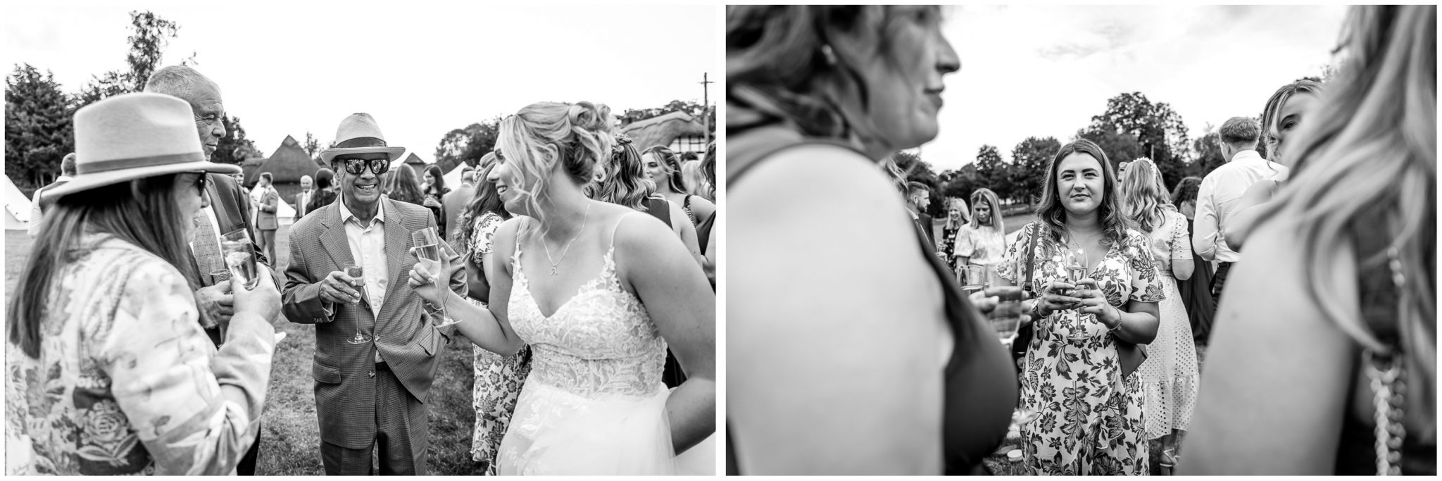 Black and white candid photos of bride and wedding guests