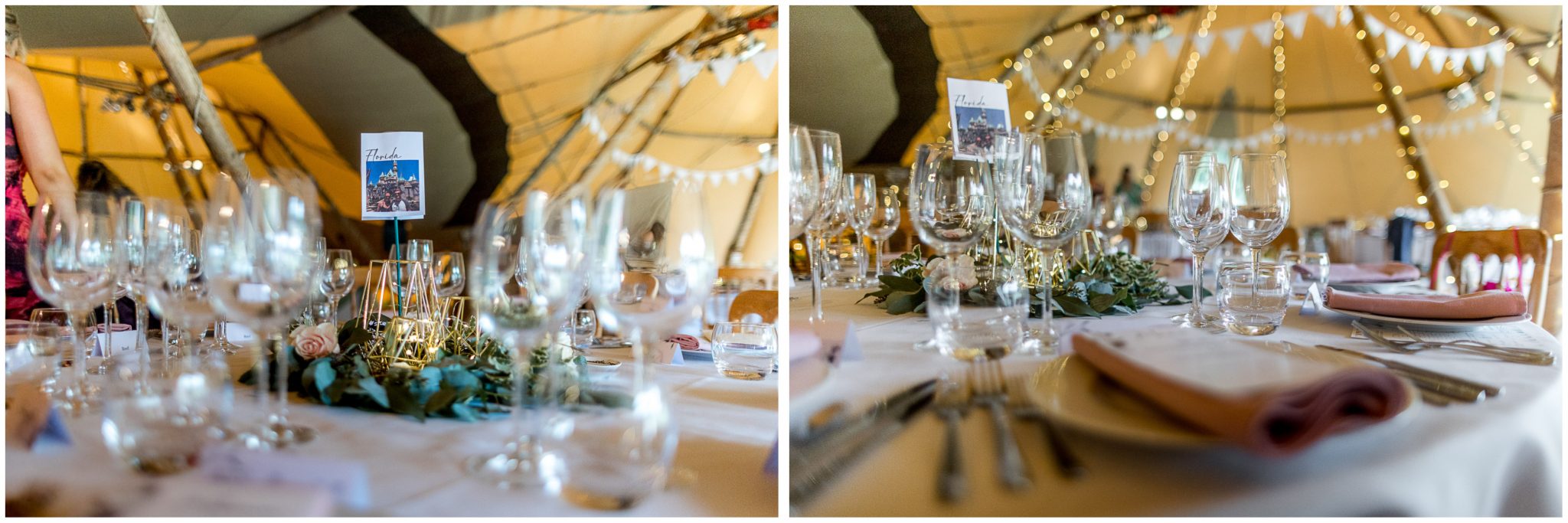 Table set-up inside the wedding reception tipi marquee
