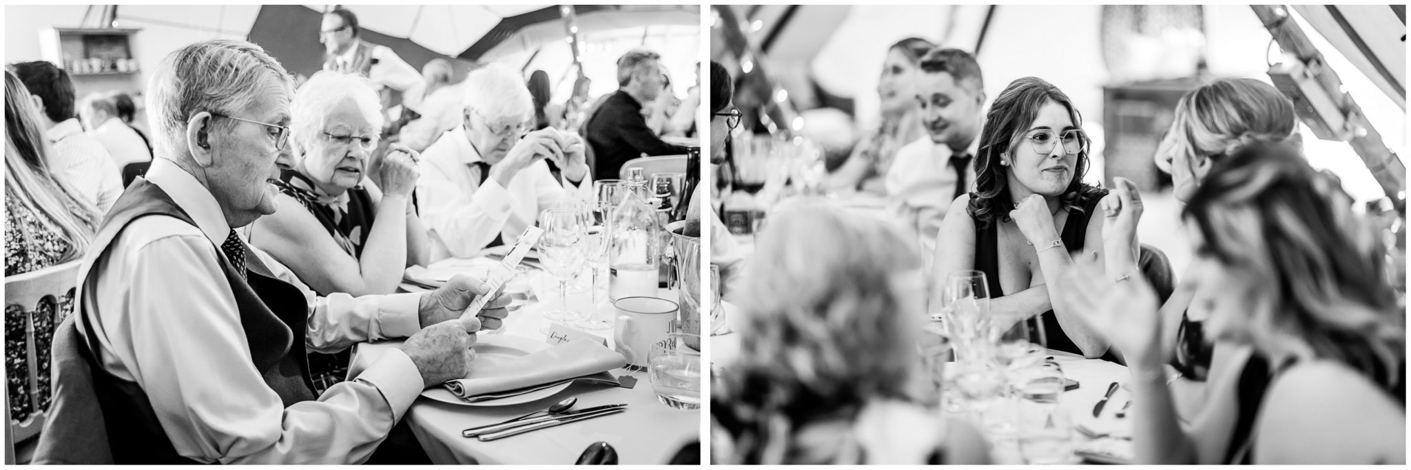 Black and white images of guests chatting during the meal