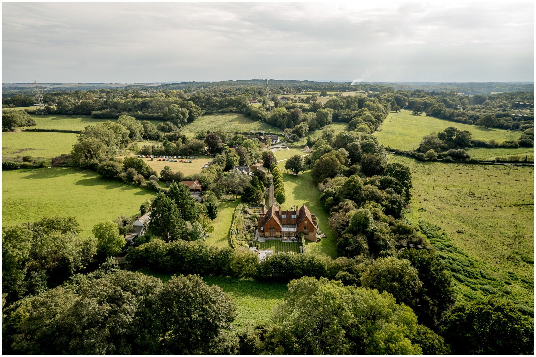 Drone image of wedding reception in the Hampshrie countryside