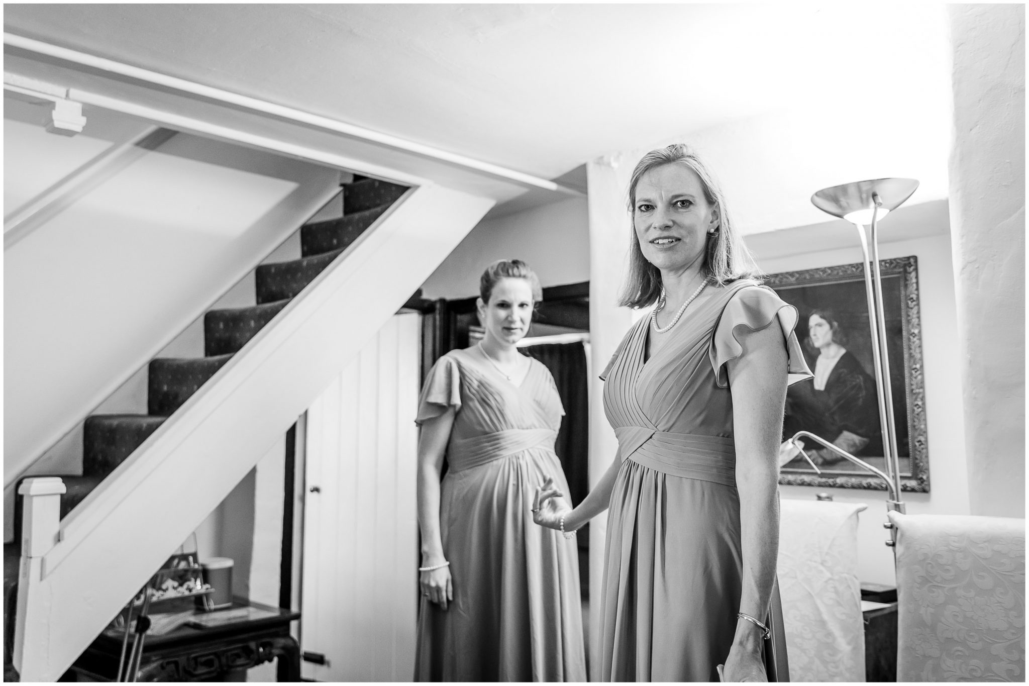 Black and white photograph of bridesmaids before the wedding