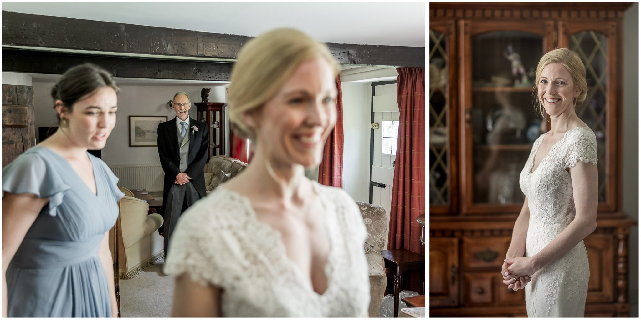 The father of the bride sees his daughter in her wedding dress for the first time