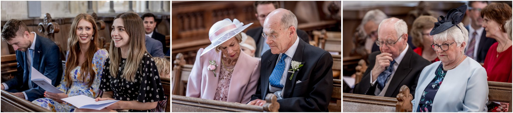 Candid photographs of guests having taken their seat in the church before the wedding