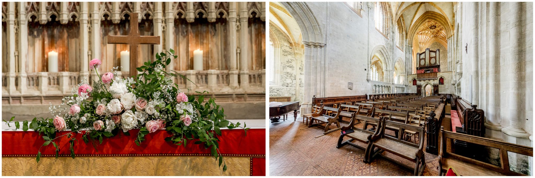 Views of Milton Abbey with flowers on the altar