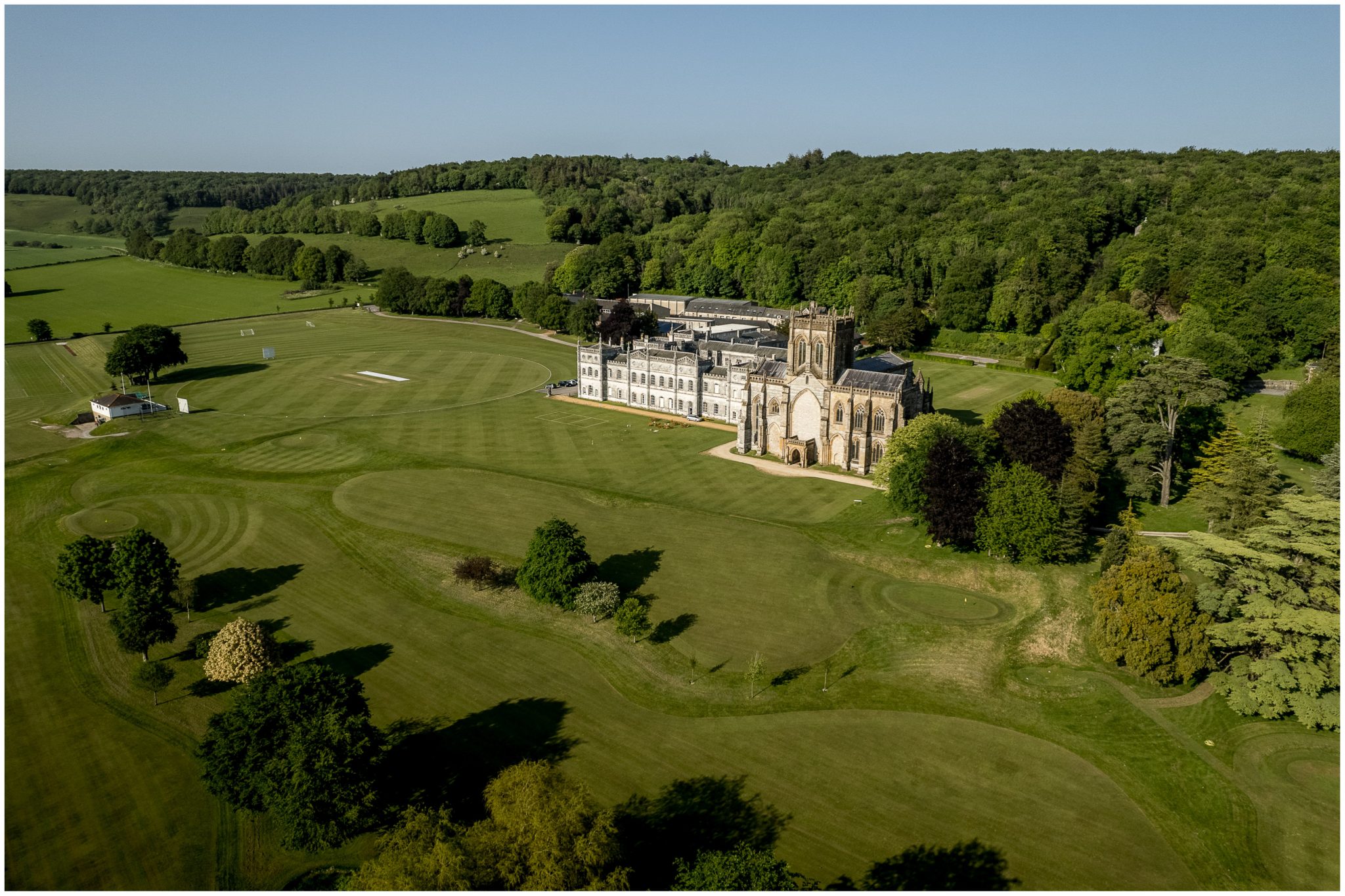 Aerial view of Milton Abbey School with views over the Dorset countryside