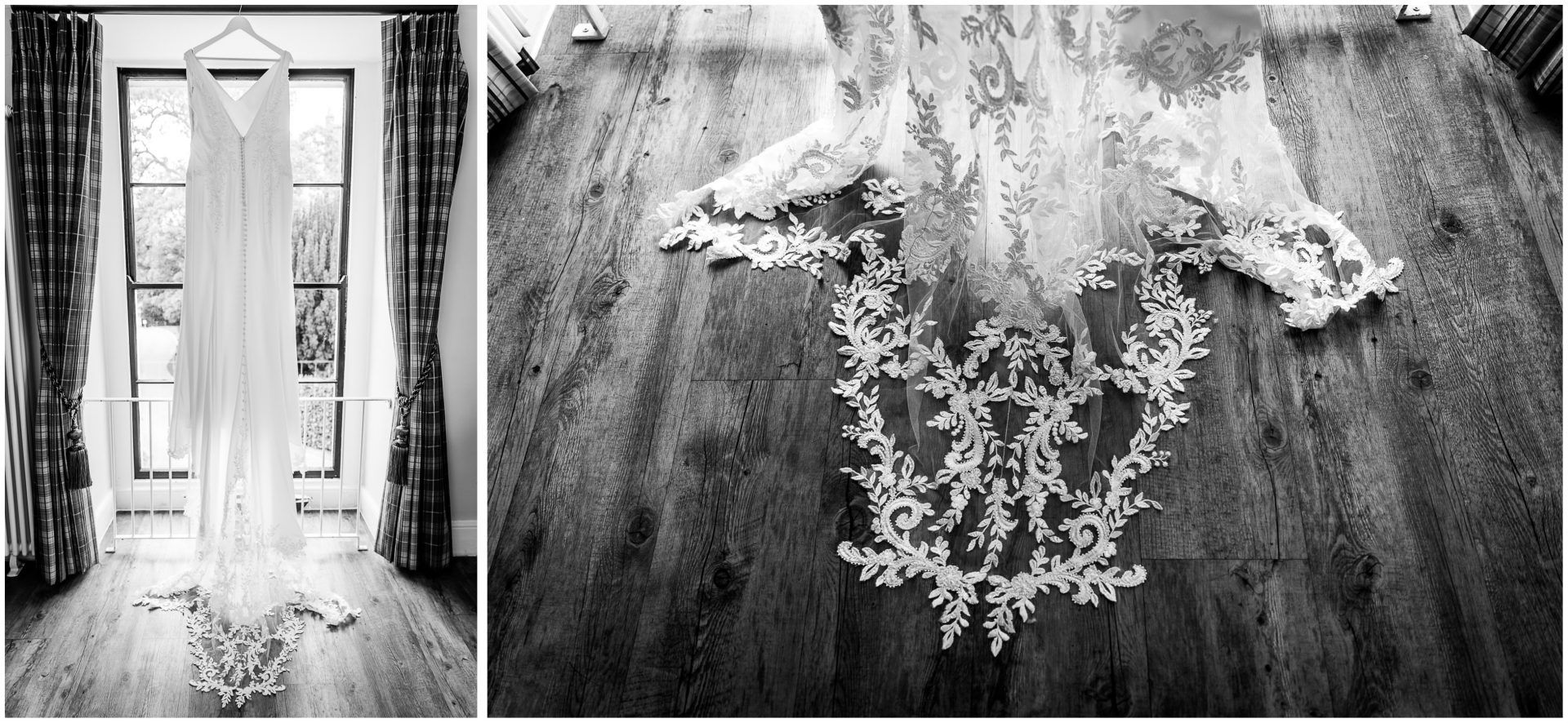 Bride wedding dress in black and white with detailing on train