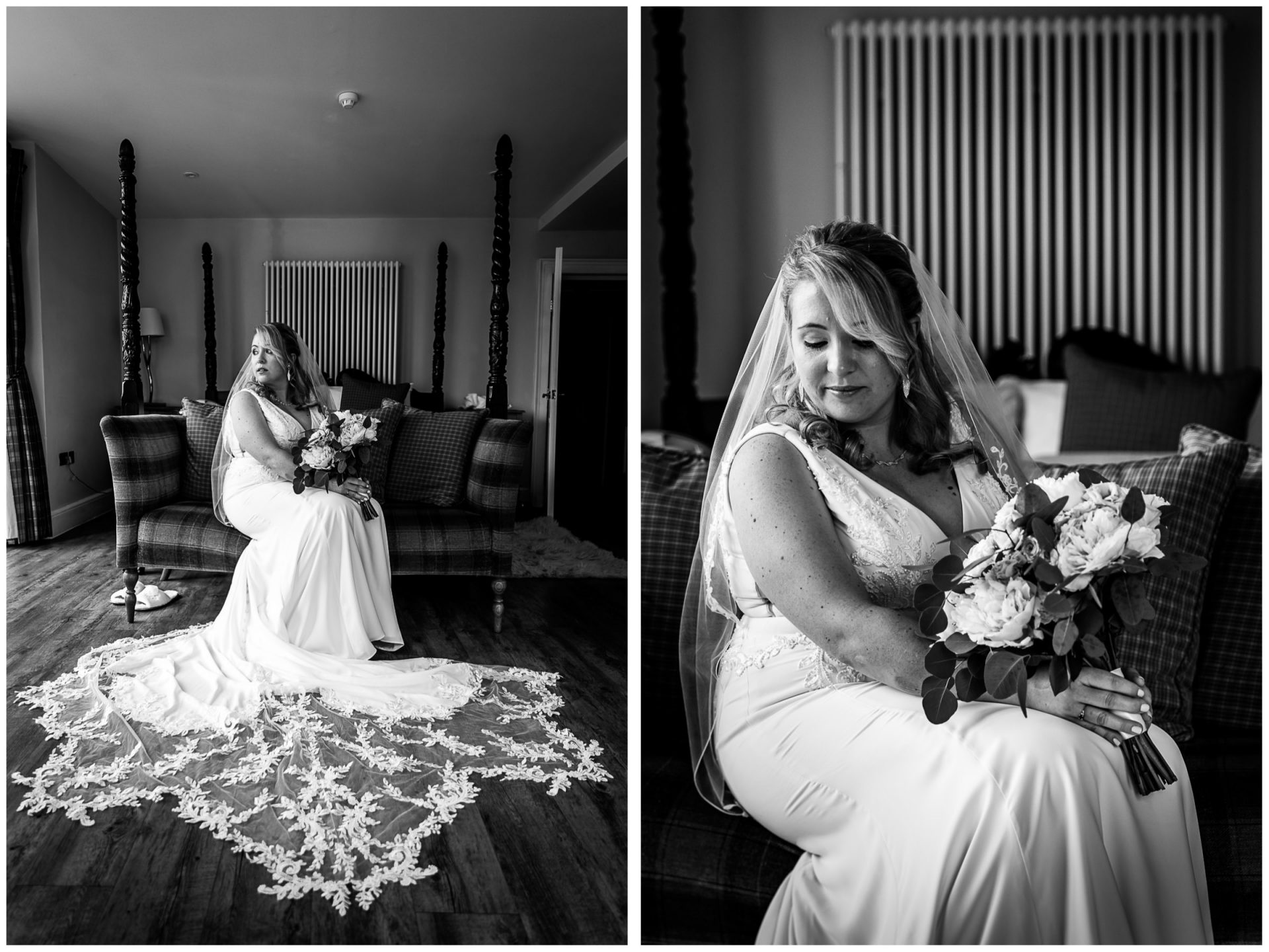 Natural light black and white portrait of bride in dress